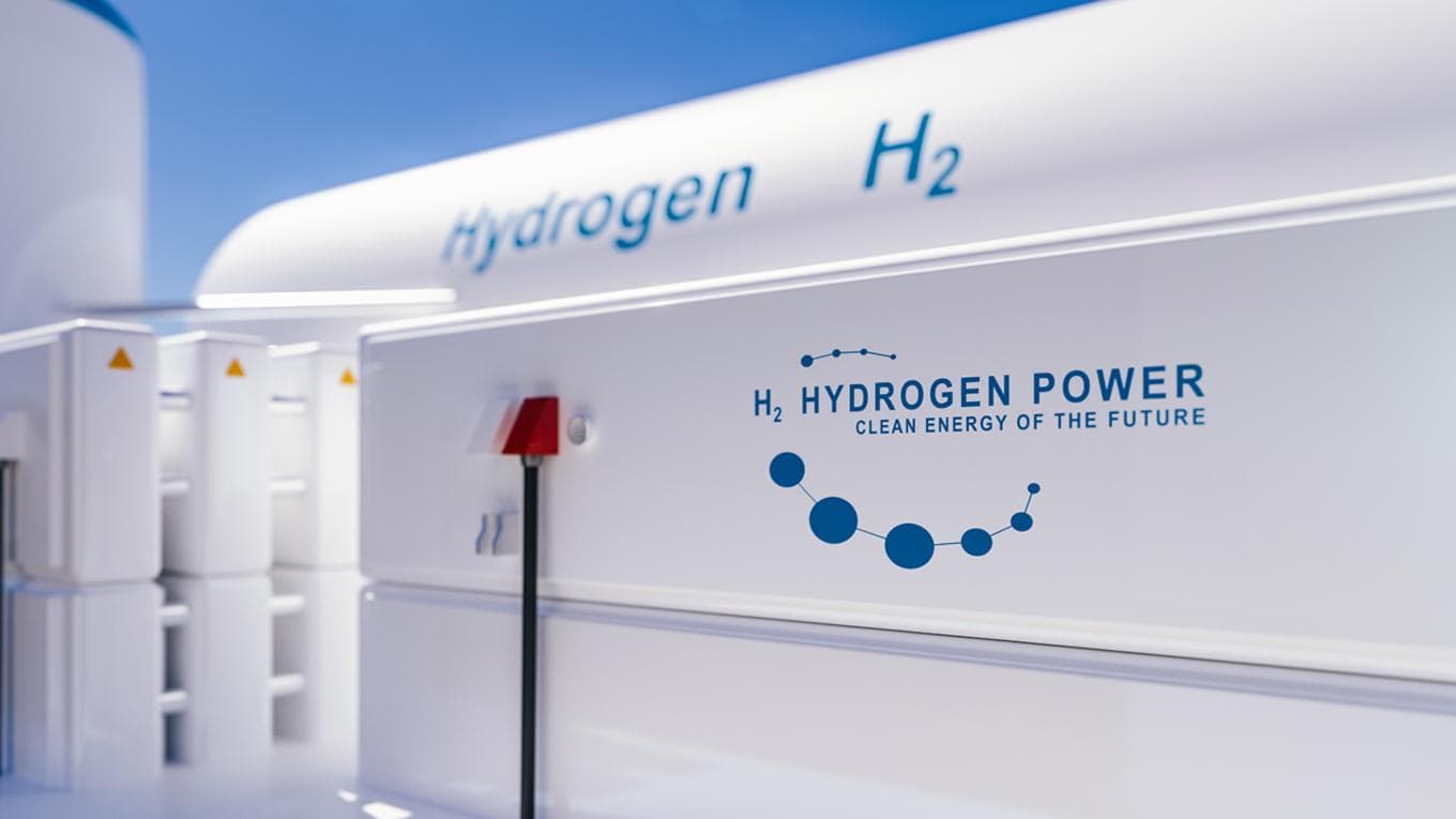 Hydrogen renewable energy production - hydrogen gas for clean electricity solar and windturbine facility, 3d rendering