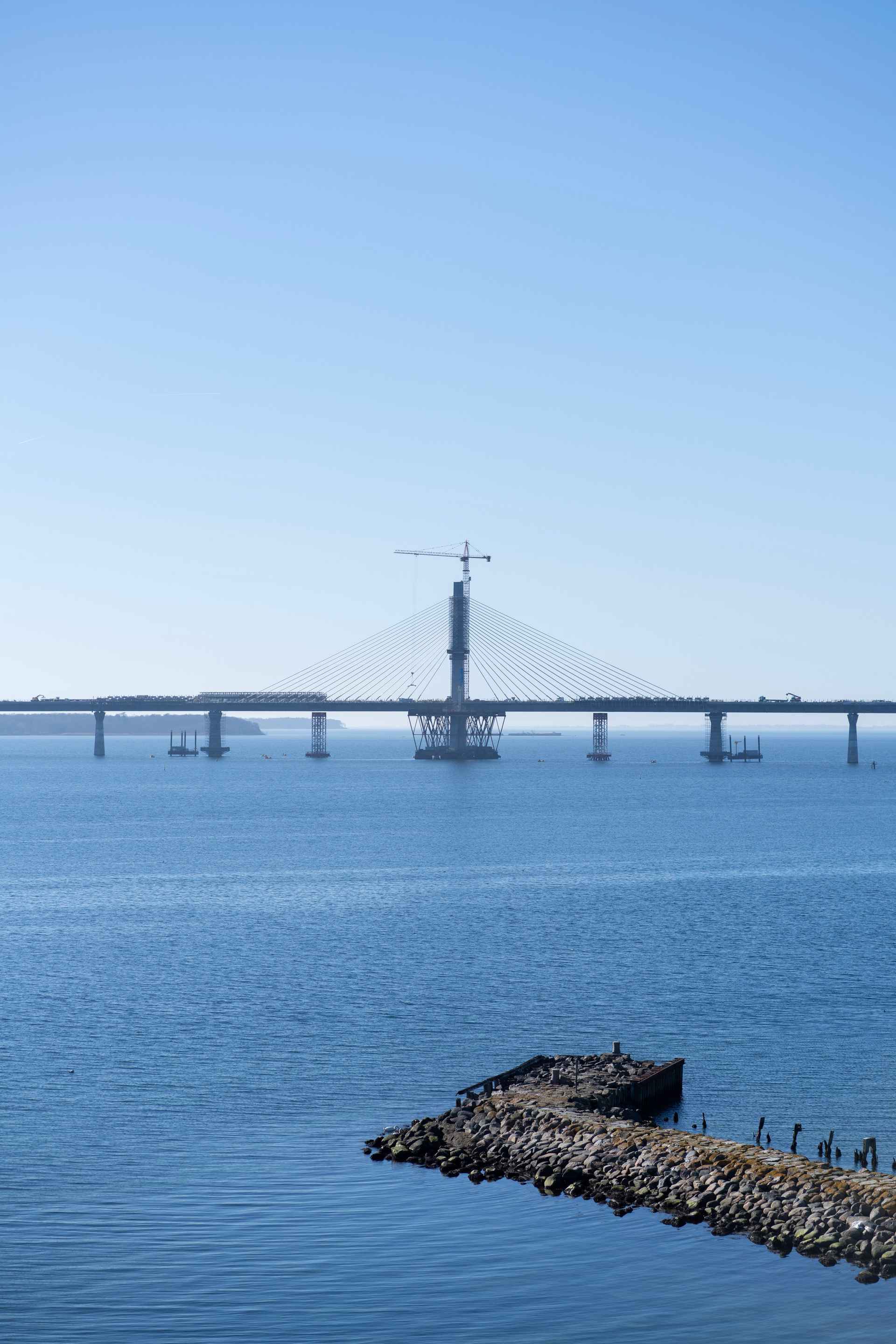 The Dronning Margrethe II Bridge under construction, spanning the Storstrøm strait and connecting Zealand and Falster, Denmark.
